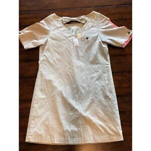 Moma Beige Short Sleeved Shift Dress Gathered Neckline & Pink Cuff Accents Med